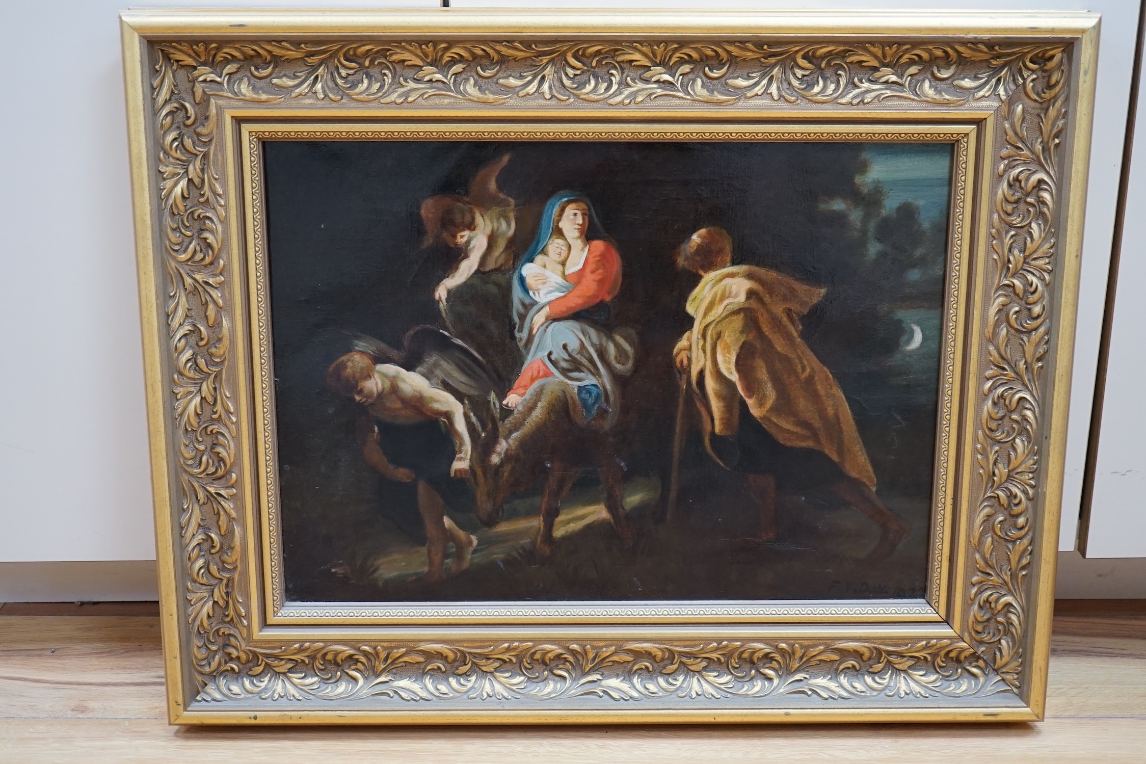 F.V.D.W. after Peter Paul Rubens (Flemish, 1577-1640), oil on canvas, 'The Flight into Egypt', monogrammed and dated 1922, 35 x 49cm, ornate gilt frame. Condition - fair, canvas sagging slightly